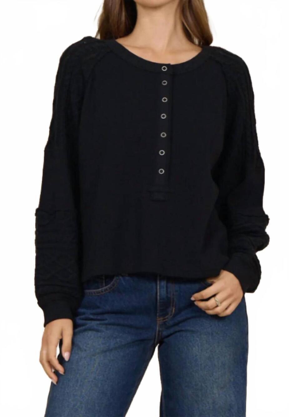 NEW VINTAGE HAVANA waffle knit henley top in black